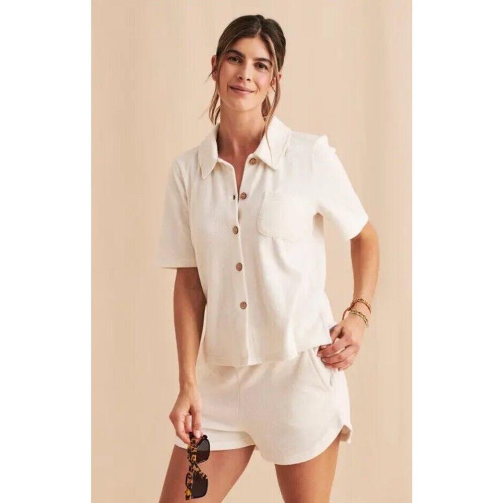 FAHERTY Surfs Up Polo Terry Towel Shirt •Women XS•Top Button Egret Ivory Cabana